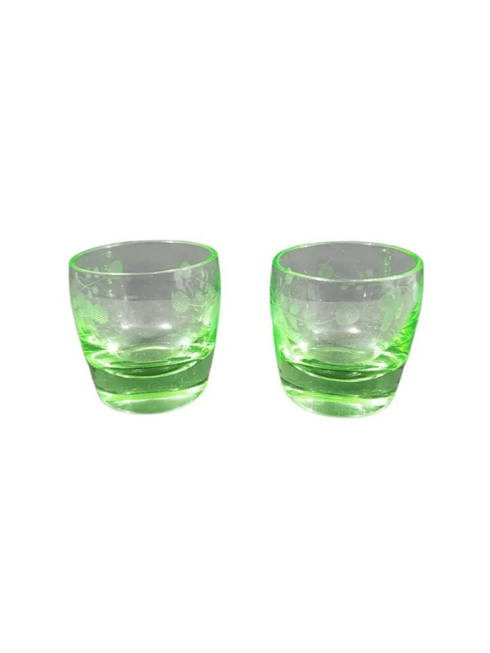 Vtg Uranium Vaseline Glass Shot Glasses Wheel Cut Etched Floral Pattern 1 3/4